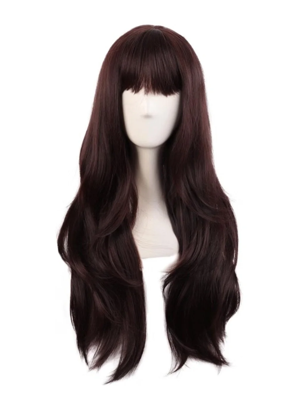 Long Wavy Wig with Full Bangs Dark Brown Synthetic 28